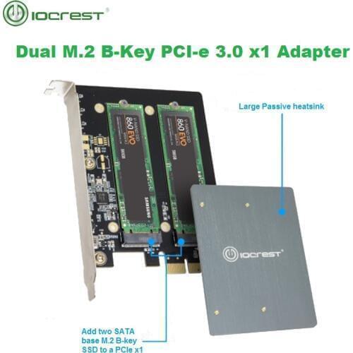 IOCREST Dual M.2 Ngff Sata Ssd B Key Pci-e 3.0 X1 Adapter with Heatsink Support 2230, 2242, 2260, 2280 and 22110