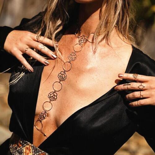 DIEZI Vintage Boho Luxury Beach Gold Silver color Body Chain Jewelry women Flower Sexy Beach Bikini Harness Chain Necklace Women