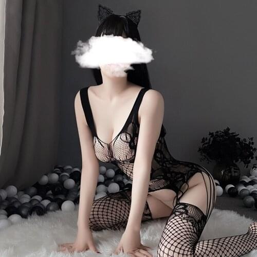 Erotic Underwear Sexy Sling Deep U Open Back Pattern Staggered Fishnet Hollow Open Crotch Free Take Off One-Piece Socks