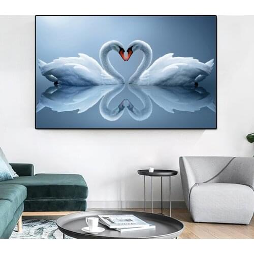 White Love Swans Swans Making Heart Canvas Prints Painting on The Wall Cute Animal Poster Wall Art Picture for Living Room Decor