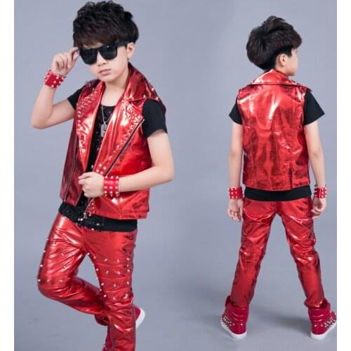 Red Leather Suit For Boys Stage Costume Hip Hop Clothign Street Dance Performance Singer Drum Show Sequin Vest Pants DNV15225