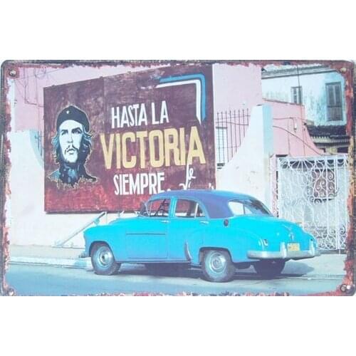 Cuba Old Blue Car Che Guevara, Metal Tin Sign, Vintage Style Wall Ornament Coffee Bar Decor, Size 8 X 12