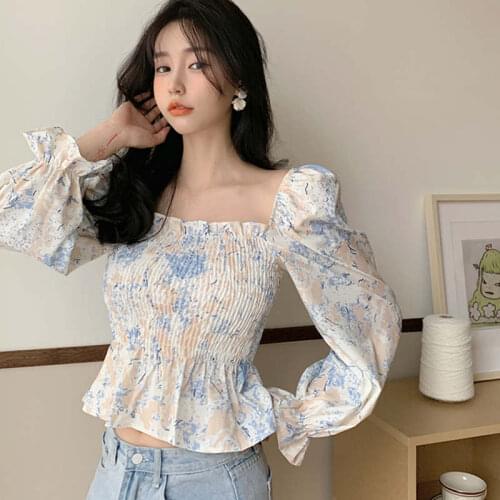 M-4XL Plus Size Spring Summer Floral Blouse Women Long Sleeve Square Collar Sexy Chiffon Shirt Women Tops Camiseta Mujer C7273