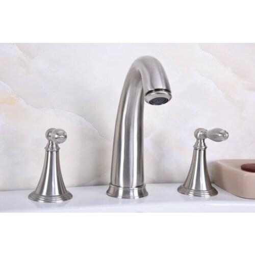 Brushed Nickel Brass Double Handle Deck-Mount Three Hole Widespread Bathroom Lavatory Bathtub Basin Faucet Sink Mixer Tap dbn016