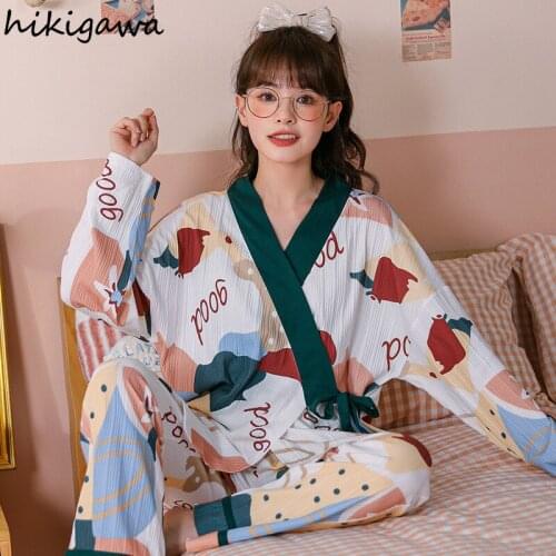 Hikigawa Korean Sweet Pajamas Set Women Cartoon Print Cute Nightwear V-neck Lace Up Pantsuits 2021 Pajamas De Mujer Home Clothes