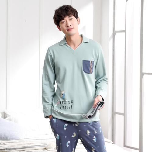 Men autumn cotton long sleeve trousers pajamas 2019 new two piece simple lapel cotton winter men pajama sets men pajamas