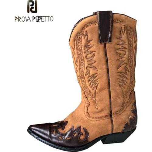 The New Sharp-toed Thick Heel Mid-tube Increased V-mouth Western Boots Embroidered Color Matching But Knee Knight Cowboy Boots