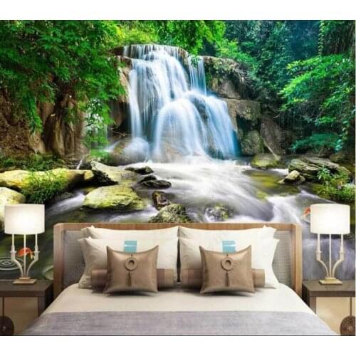 Papel de parede Green and fresh forest waterfall 3d wallpaper mural,iving room tv wall bedroom wall papers home decor