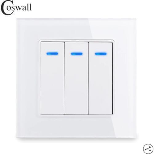 Coswall Luxury Crystal Tempered Glass Panel 3 Gang 2 Way Light Switch On / Off Wall Switch With LED Indicator 16A AC 250V
