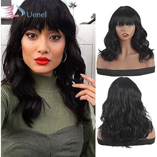 Uenel 16Inch Water Wave Wig with Bangs Ombre Blonde Wig Heat Resistant Fiber Wigs Curly Wavy Synthetic Wig for Party for Cosplay