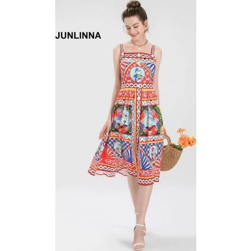 Cotton and Polyester Womens Printing Dress Fashion New Summer Beach Holiday Dresses Spaghetti Strap Casual Vestidos