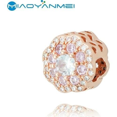 Fit Original Pandora Bracelets 925 Sterling Silver Beads Pink Blue Eight-petal Flower Charm Women DIY Gift