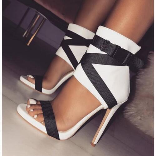 Dropshipping Fashion Womens Shoes Fabric Belt Rome Gladiatoe Peep-toe Color Collision Patchwork Stilettos High Heels Sandals