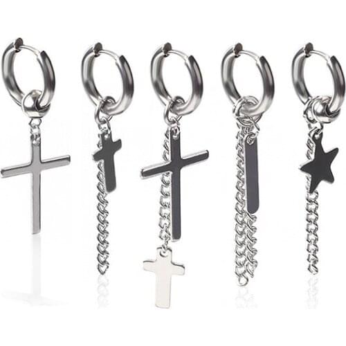 Rock Punk Style Metal Cross Star Drop Earrings Silver Color Geometric Long Link Chain Loop Tassel Statement Dangle Ear Jewelry