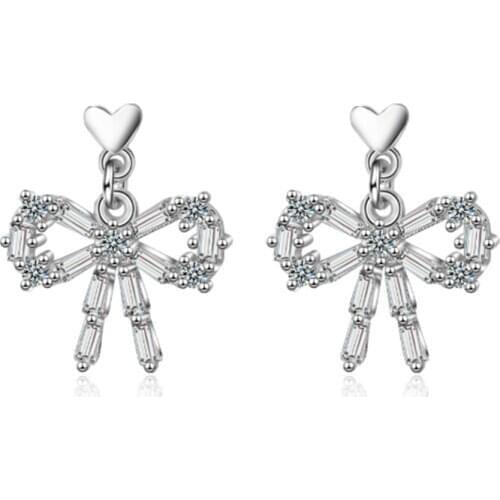 Crystal line bow temperament personality literary exquisite fashion trend silver plated stud earrings WE073