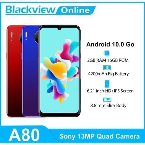 Blackview A80 Android 10 Go 4G Mobile Phone 2GB+16GB 6.21'' Waterdrop 13MP Quad Rear Camera Smartphone 4200mAh Cellphones