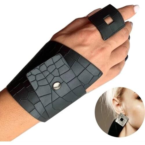 YD&YDB Handmade Gold Leather Bracelets,Earrings For Women Fashion Gothic Cuff Bracelet Body Accessories Strange Jewelry Sets