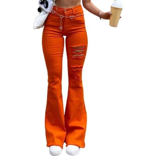 Women Broken Holes Jeans 2021 European and American New Fashion Slim Jeans Solid Color High Waist Flared Denim Pants Female