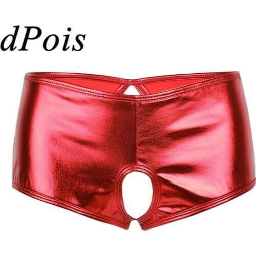 Womens Wetlook Faux Leather Crotchless Panties Sexy Lingerie Female Open Butt Low Waisted Glossy Bikini Brief Underwear Femme