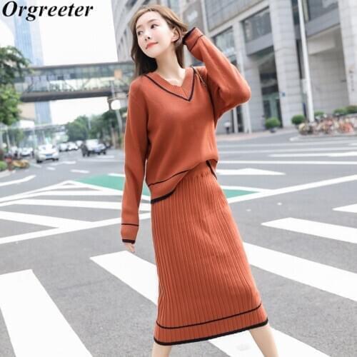 Newest 2020 Autumn Winter Knitted Two Piece Set Women V-neck Long Sleeve Loose Pullover Jumper Tops and Bodycon Long Skirt Set