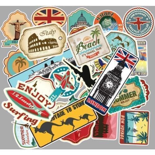 100Pcs/set Travel Map Country Famous Logo PVC Waterproof Stickers Decor For Suitcase Bicycle Car Guitar Skateboard New Arrival