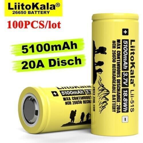 100PCS Liitokala LII-51S 26650 20A power rechargeable lithium battery 26650A 3.7V 5100mA Suitable for flashlight