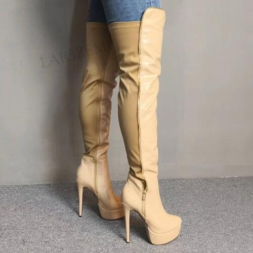 BERZIMER Women Over Knee High Boots Full Zip Up Heels Platform Wide Calf FriendlyStretchy Shoes Woman Big Size 41 44 46 50 52