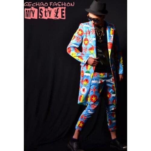 Mid-length blazer men suits designs printing jacket mens coat stage costumes singers clothes dance star style dress punk rock