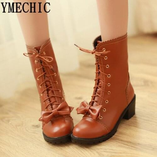 YMECHIC 2019 Lolita Butterfly-knot Block High Heel Shoes Lace Up Cross Tied Ruffles Ankle Motorcycle Combat Boots Plus Size 43