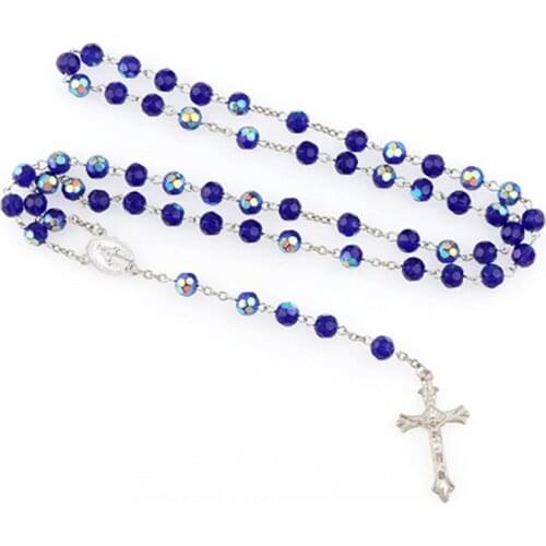 Vintage Religion Jesus Women Catholic Virgin Mary Glass Bead Link Chain Rosary Cross Pendant Necklace