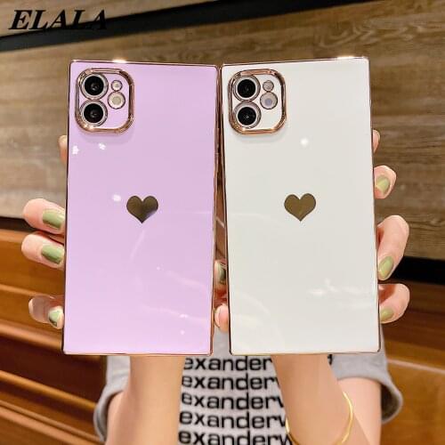 Luxury Square Plating Love Heart Phone Case for IPhone 12 11 Pro Max Mini XS XR SE2020 7 8 Plus Camera Protection Soft TPU Cover