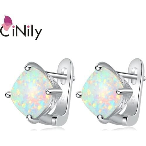 CiNily Minimalist White Fire Opal Stud Earrings Silver Plated Large Square Stone Earring Easy Chic Summer OL Jewelry Girl Woman