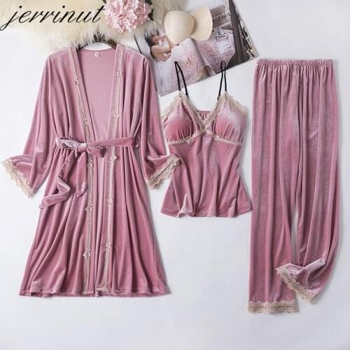 Jerrinut 3PCS Gold Velvet Pajamas Set For Women Winter Sleep Set Sexy Homewear Pijama Women Pajama Sets Home Suit
