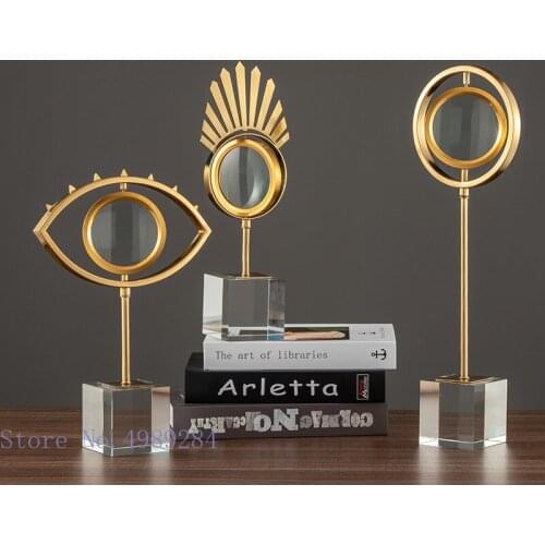 Creative Golden Metal Eyes Magnifying Glass Crafts Ornaments Crystal Glass Base Transparent Fun Desktop Modern Home Decoration