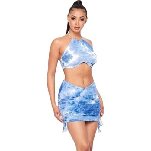 Summer New Style Blue Sexy Print Split Joint Frenulum Halter Sleeveless Two Pieces