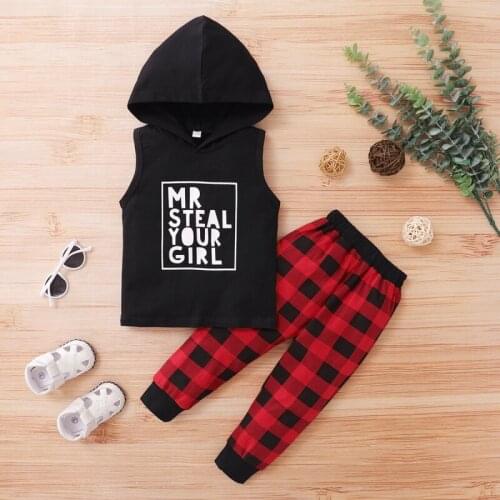 Summer Children Clothes Sets Toddler Baby Boy Tops Letter Print Hoodie T-shirt Lattice Trousers Pants