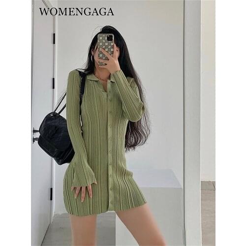 WOMENGAGA Sexy Slim Single Breasted Elastic Turn-down Collar Long Sleeve Hip Wrap Fold Mini Dress Girl Female H0SZ