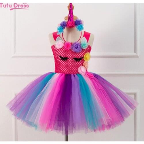 2019 Flower Girls Unicorn Tutu Dress Pastel Rainbow Princess Girls Birthday Party Dress Children Kids Halloween Unicorn Costume
