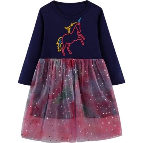 Unicorn Dresses Toddler Girls Colorful Mesh Sequins Patchwork Dresses Autumn New Baby Cotton Long Sleeve Clothes Children Costum