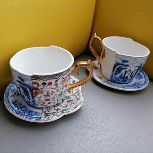 Half Landscape Half Flower Cup and Saucers Set Creative Blue and White Ceramic Craft British Afternoon Tea Tableware Dinner Cup