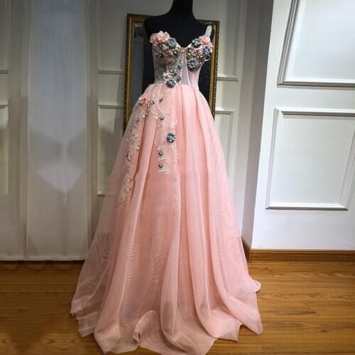 Eightale Pink Prom Dresses Handmade Flowers Beaded One Shoulder Formal Evening Dress Arabic Party Gowns For Graduation 2020