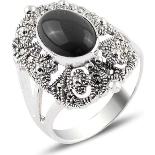 Silver 925 Sterling Onyx & Marcasite Ring