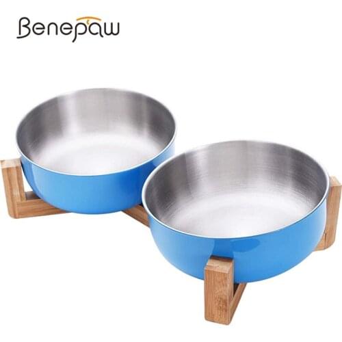 Benepaw Stainless Steel Dog Bowls With Stand Adjustable 15° Tilt Durable Eco-friendly Bamboo Base Large-capacity Pet Feeder
