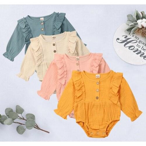 US Newborn Baby Girl Cotton & linen Solid Long Sleeve Bodysuit Jumpsuit Playsuit Clothes Outfit Set