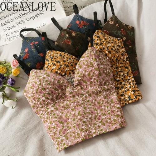 OCEANLOVE Crop Tops Floral Print Short Sexy Corduroy V Neck Retro Tops Women 2021 Spring Summer Mujer Camisetas Pleated 19843