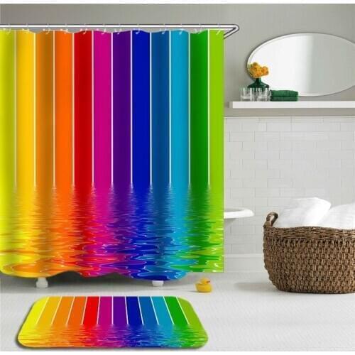Colorful Rainbow Stripes Bath Curtain Set Waterproof Shower Curtain 3d Print Polyester Bathroom Non-slip Floor Mat Bath Curtain