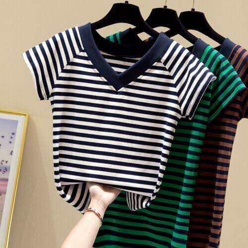 Gkfnmt 2021 Short Sleeve Striped T shirt Women Tops Tshirt Summer Cotton T-shirt Women V-Neck Tee Shirt Femme White Plus Size