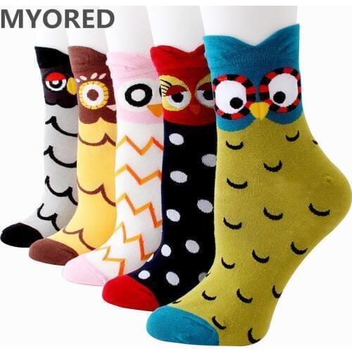 MYORED women cotton 3D owl socks cute cartoon party holidiay sock girls ladies halloween Meias gift sock 5pairs/Lot