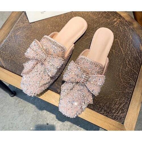 2021 Women Mules Bling Rhinestone Butterfly Shoes Summer Ladies Sandals Flats Comfort Female Fashion Hot