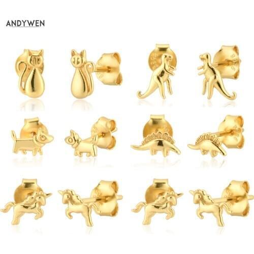 ANDYWEN 925 Sterling Silver Dinosaur Cat Rhino Stud Earring Animal Stud Earring Fashion Fine Jewelry For Women Small Accessories